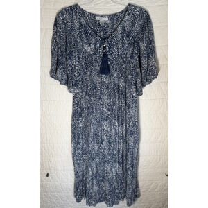 Go Softly Patio MuMu Dress Sz 2X Full Zip Tassel Blue Paisley Pockets Vintage